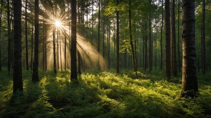 Fototapeta premium Dense forest with tall pine trees, sunlight streaming through branches, creating warm and serene atmosphere. Forest floor covered in lush green ferns and vegetation, giving scene tranquil and natural
