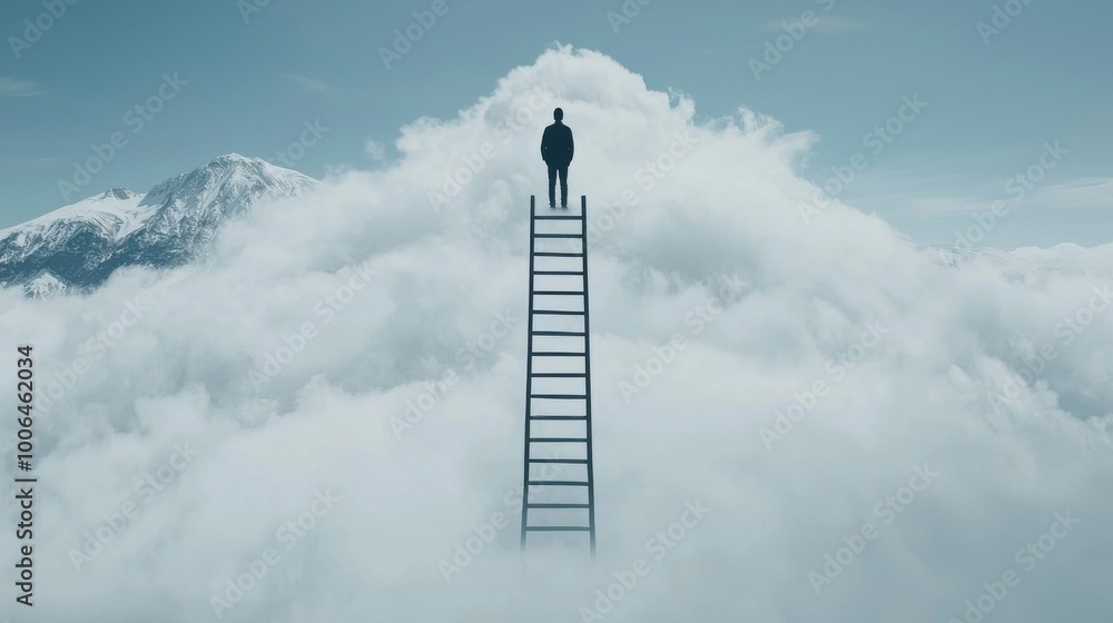 Poster broken ladder to success: a ladder reaching up to the clouds, but with several rungs missing or brok