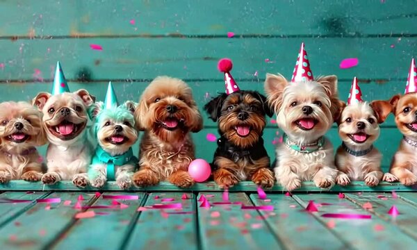 A cheerful group of dogs dons festive hats, enjoying a lively celebration filled with colorful confetti and playful moments, bringing smiles to everyone