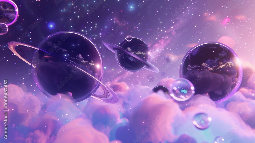 Poster planets with rings and clouds in outer space 3d rendering image. cosmos scene fantasy abstract backg