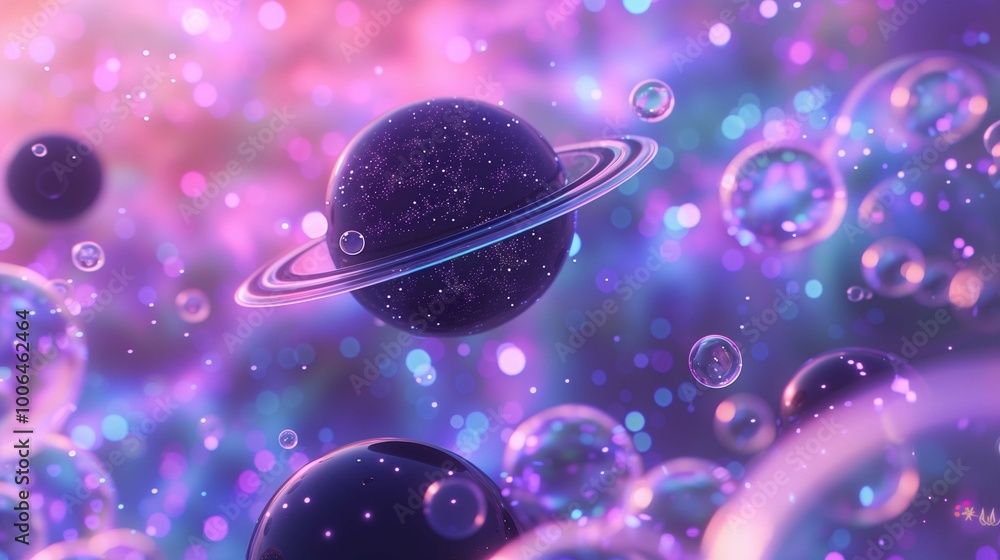 Poster clear bubbles and planets floating in space 3d rendering image. fantastic cosmos scene background wa