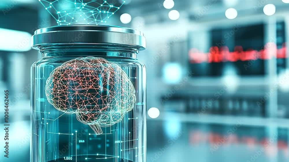 Poster a transparent pill bottle with an ai brain network diagram emerging from within, symbolizing ai's in