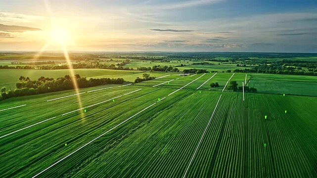 Aerial view of a large, open countryside, with vibrant green location markers on specific land plots, linked by white lines that cut across the fields, emphasizing ownership divisions