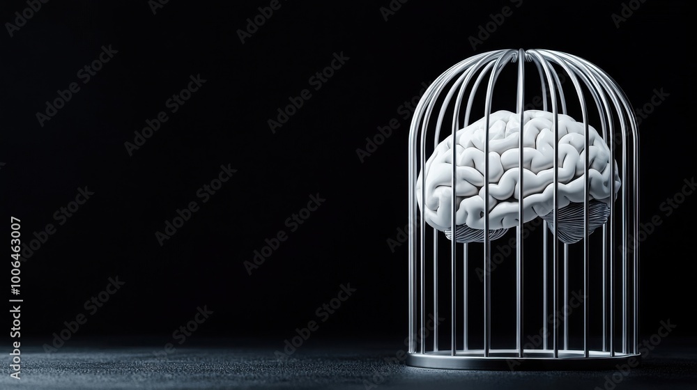 Poster caged brain: a brain enclosed in a metallic cage, symbolizing limitation and the inability to expand