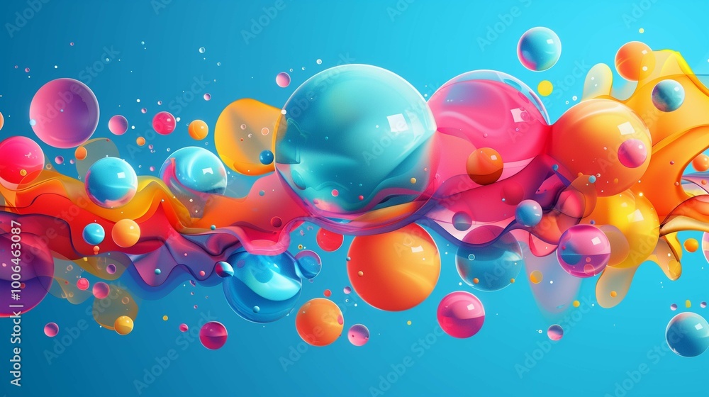 Poster inspiring paints splash with bubbles 3d rendering image. vibrant fluid with balloons on background w