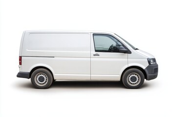 Realistic photograph of a complete white European van in side view, against a solid stark white background, with focused lighting. 