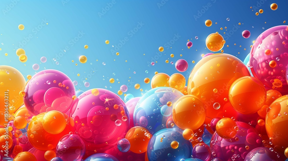 Poster vivid glossy spheres at sunlight 3d rendering image. abstract composition with bubbles on blue backg