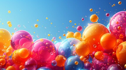 Vivid glossy spheres at sunlight 3d rendering image. Abstract composition with bubbles on blue background wallpaper colorful realistic. Joy and positive emanation concept idea