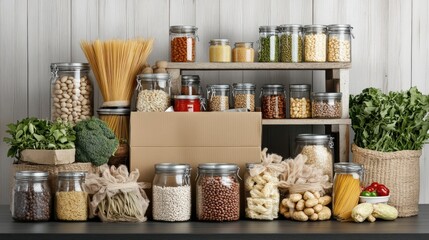 An antique cardboard box sits among jars filled with dried beans and pasta, with vegetable cans and...