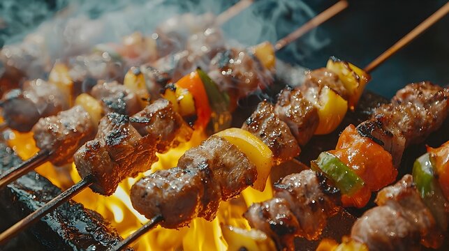 Sizzling Grilled Meat and Veggie Skewers over Roaring Flame