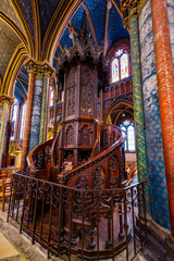 BONSECOURS, NORMANDY, FRANCE - MARCH 15, 2024: flamboyant richly decorated interior of Notre-Dame Basilica, Bonsecours, Gothic Revival, pulpit, or lectern,  agglomeration community of Rouen