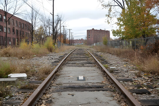 Overgrown Abandoned Railway Tracks in an Urban Industrial Setting, Ideal for Depictions of Urban Decay and Forgotten Infrastructure
