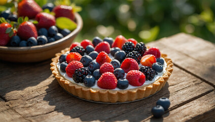 Fruit tart topped with fresh berries, set on a rustic table in a blooming garden under soft sunlight.