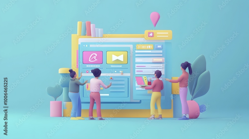 Fototapete web ui ux design teamwork concept 3d illustration. team people building creating website user interf