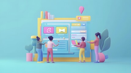 Web UI UX Design Teamwork concept 3D illustration. Team People Building Creating website User interface Front view. 