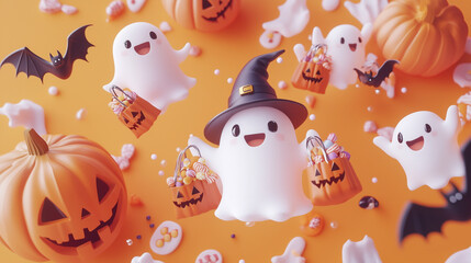 Fototapeta premium Ghosts with Candy Buckets and Pumpkins on Orange Background