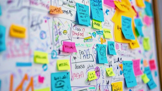 A colorful wall covered in sticky notes and sketches for brainstorming and ideas.