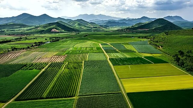 A high-altitude view of agricultural land, with green markers identifying farm plots and yellow lines outlining irrigation paths