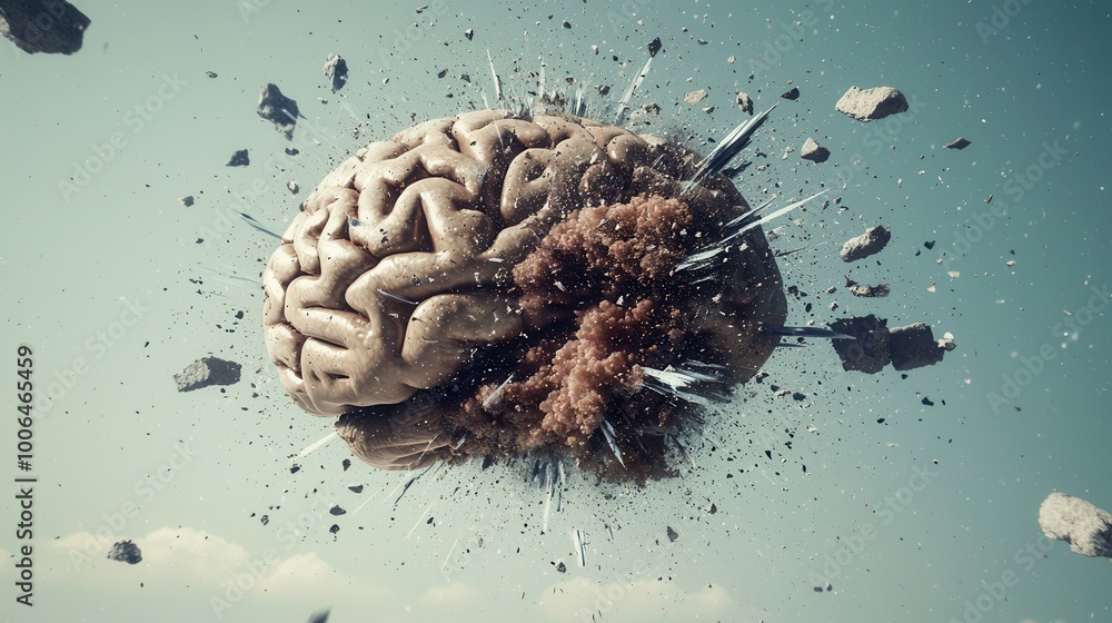 Poster collision of thought and reality: a brain suspended in space, with sharp, jagged external objects pr