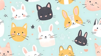 Adorable Cartoon Animals in a Repeating Pastel-Colored Pattern