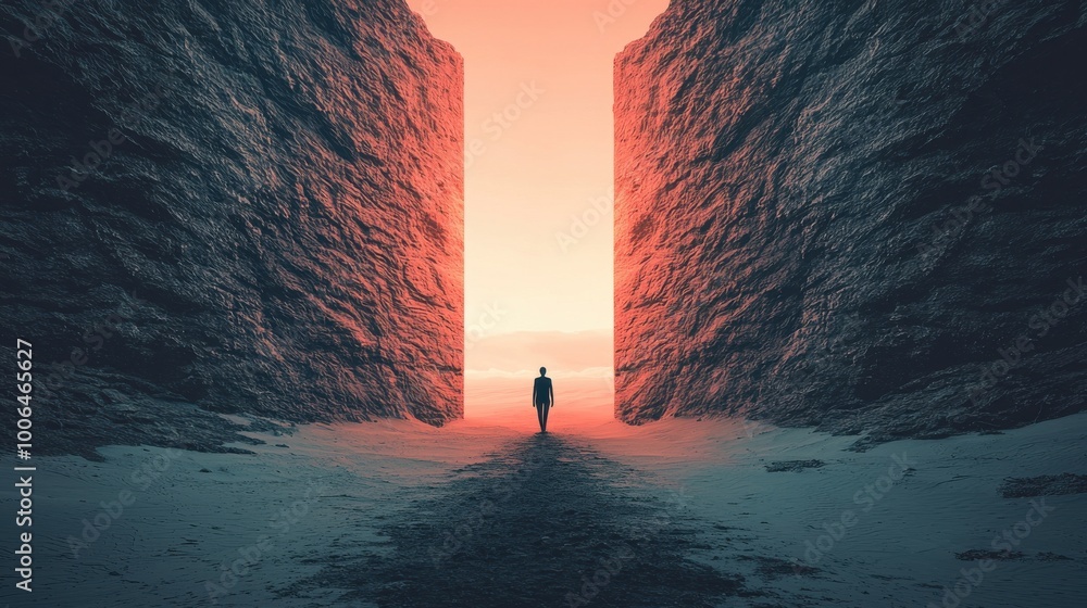 Poster compression between worlds: a figure stands between two immense, glowing walls that press inward, on
