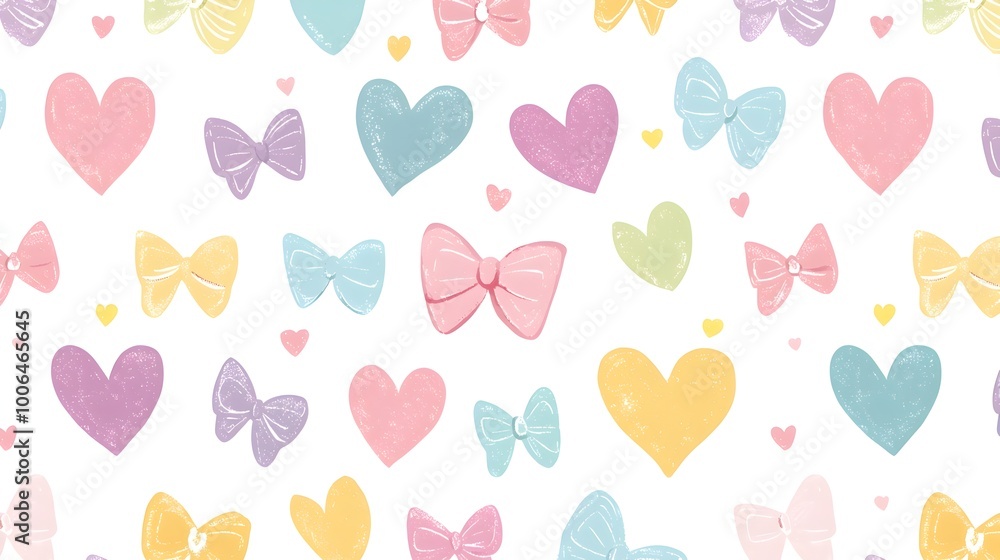 Poster cheerful repeating pattern with colorful hearts and bows for wrapping paper or decorative design