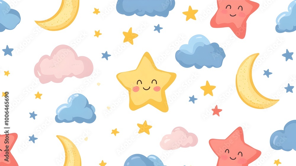 Poster whimsical celestial pattern with soft stars and moons on cloudy background