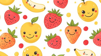 Vibrant Repeating Pattern of Smiling Fruit Characters with Bright Happy Faces