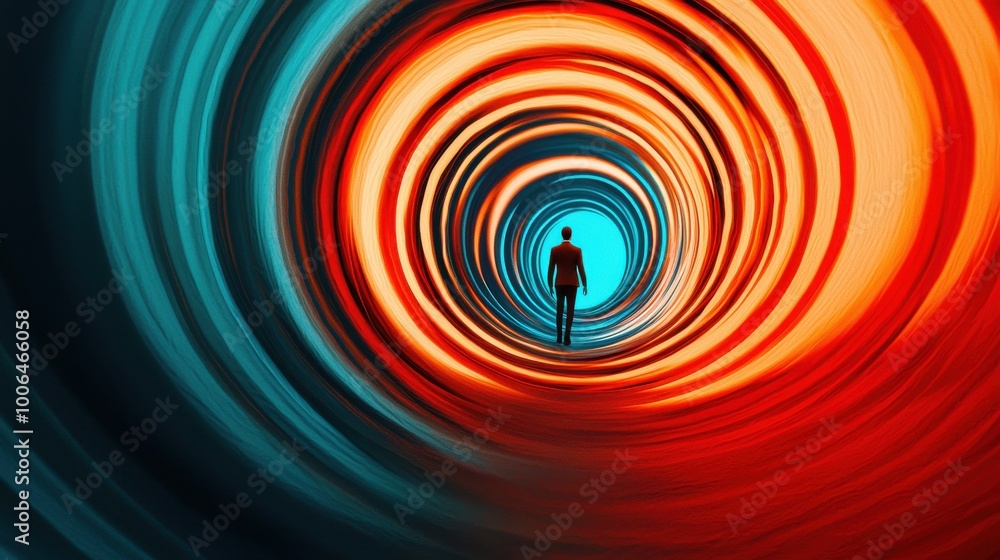 Poster continuous improvement: a glowing spiral representing continuous growth, with a business figure at t