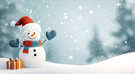 A snowman with his hat and scarf on, standing in the middle of fresh, white, snow-covered ground.Merry Christmas and happy new year greeting card with copy space for text.