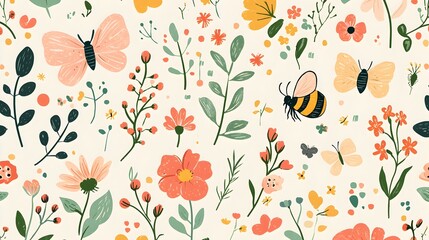 Fototapeta premium Whimsical Floral Pattern with Bees and Butterflies in Soft Pastel Tones