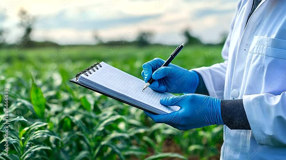 Poster a scientist's gloved hands holding a notebook and pen, jotting down observations in a field of genet