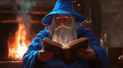 Fototapeta premium The Old Wizard Reading by the Fire