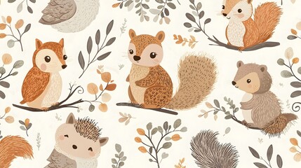 Obraz premium Adorable Woodland Creatures in a Soft,Earthy Repeating Pattern