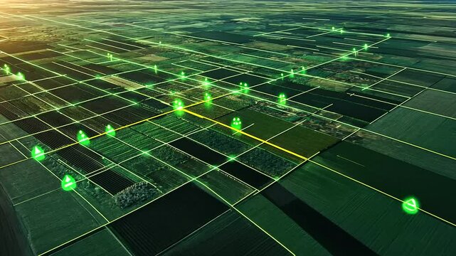 A top-down view of rural farmland, with vibrant green markers highlighting specific land plots, connected by yellow lines to show boundaries and property divisions
