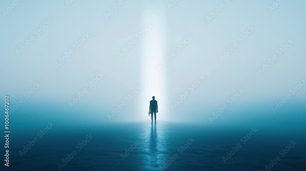 Poster create your own opportunity: a person standing in front of a blank, foggy space with no clear path, 