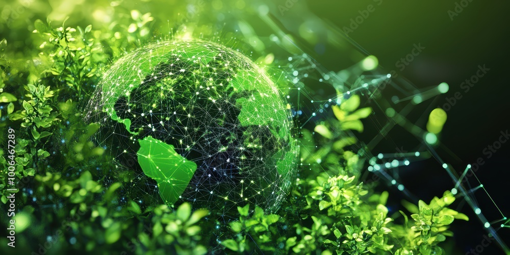 Poster modern digital abstract 3d background with eco-friendly icons and energy grids visualizing technolog