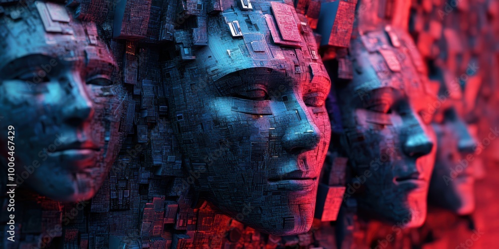 Poster modern digital abstract 3d background with faces and identity chips representing biometric security 
