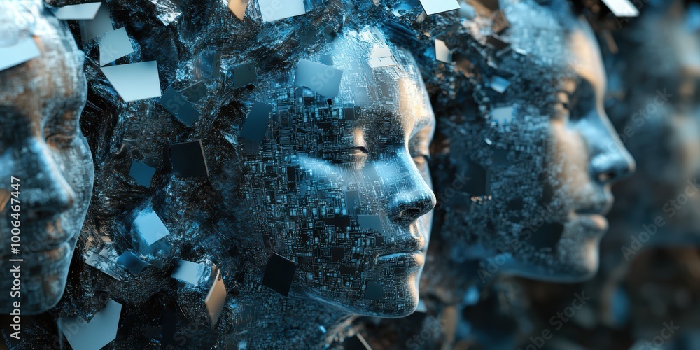 Poster modern digital abstract 3d background with abstract faces and identity chips representing biometric 