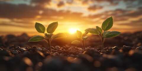 Two small green plants growing in soil with sunset in background.