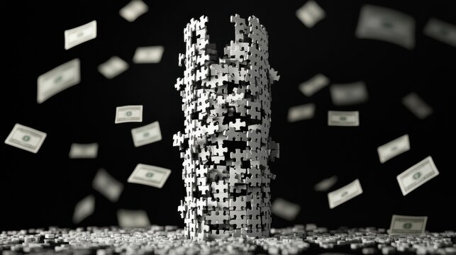 Crumbling Real Estate Tower: A tall skyscraper constructed from fragile puzzle pieces, with sections of the building falling apart into a dark abyss below