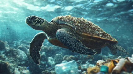Fototapeta premium Sea Turtle with Plastic Pollution.