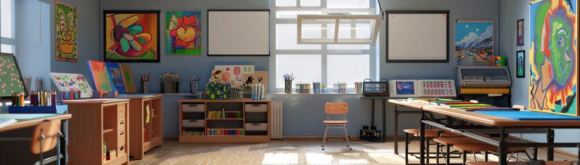 Art Teacher's Room Wall: Featuring student artwork displays, art supplies storage, and a board with art project ideas