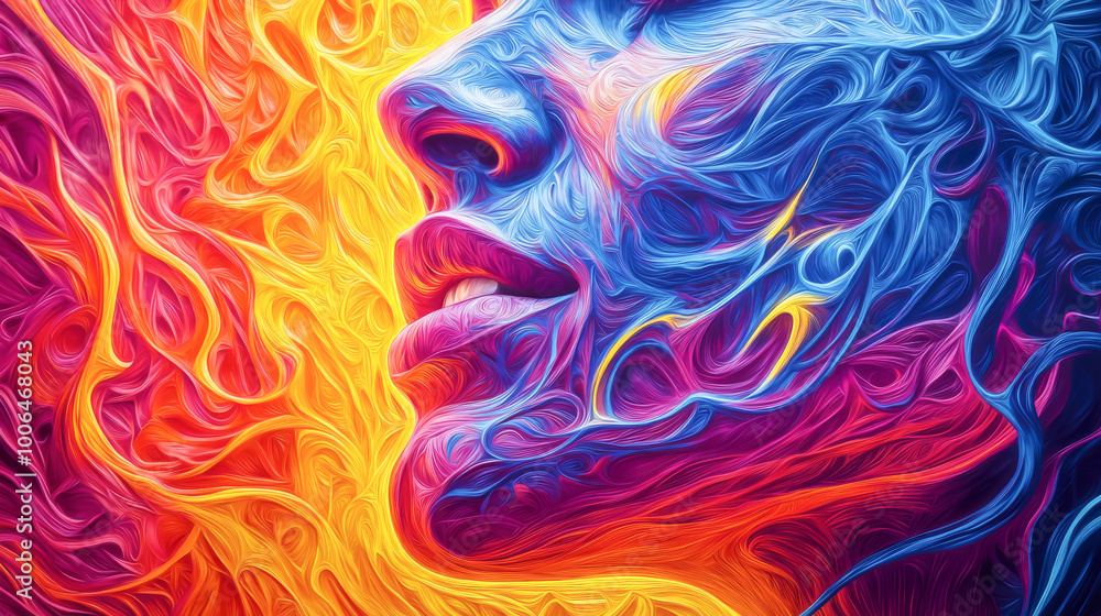 Aufkleber vibrant abstract art showcasing a colorful face intertwined with fiery swirls, creating a dynamic vi