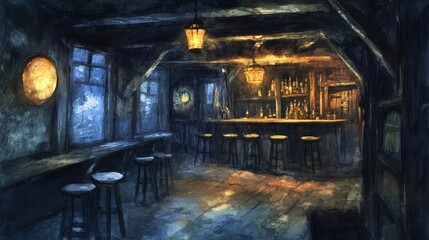 Cozy Pub Interior with Bar and Stools.