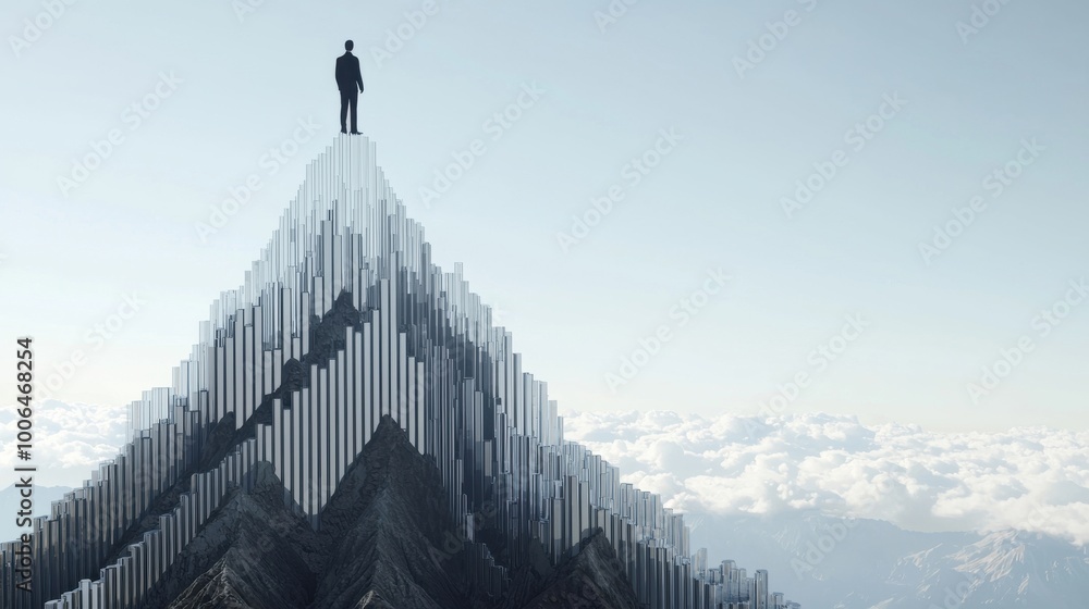 Aufkleber data-driven growth: a business figure standing on a transparent mountain made of bar charts and data