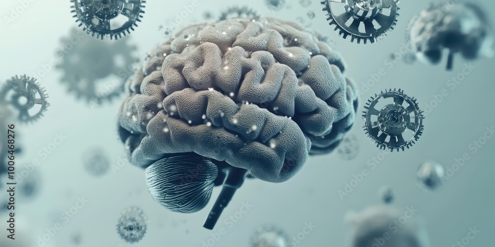 Poster modern digital abstract 3d background with floating brain icons and gears representing the merging o
