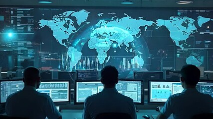 Security Team Monitoring Global Network Data on Multiple Screens