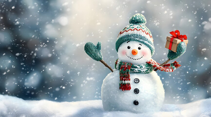 A cute, smiling snowman standing in the middle of white snow, wearing a hat and scarf, with a beautiful winter background of falling snowflakes,with copy space  for text.