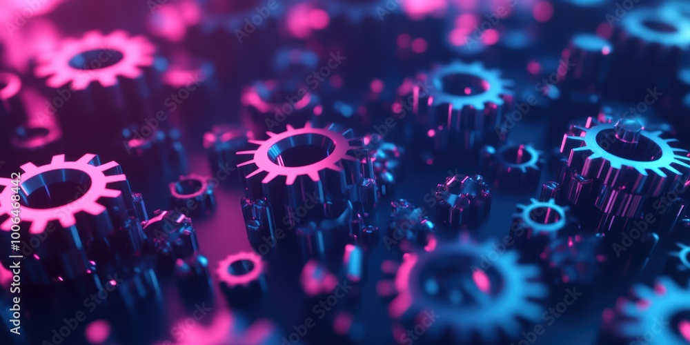 Poster modern digital abstract 3d background with floating gears and neon lights symbolizing innovation in 